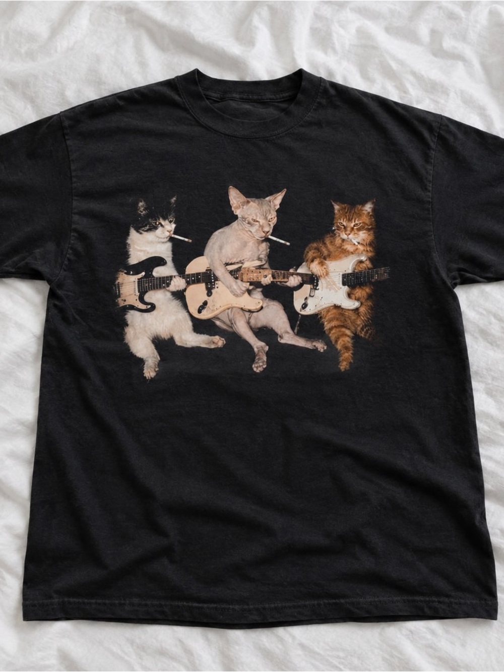 Three Guitar-Playing Cats Gildan Black Tee with Graphic